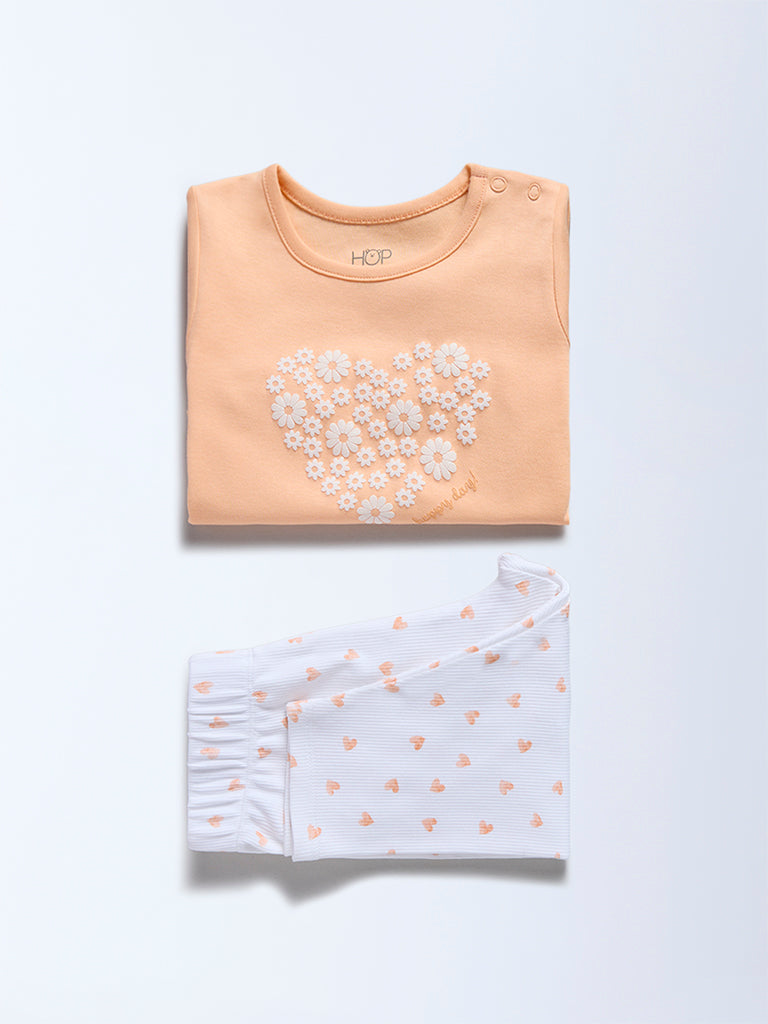 HOP Baby Girls Peach Heart Printed Cotton T-Shirt and Pants Set - Exclusive