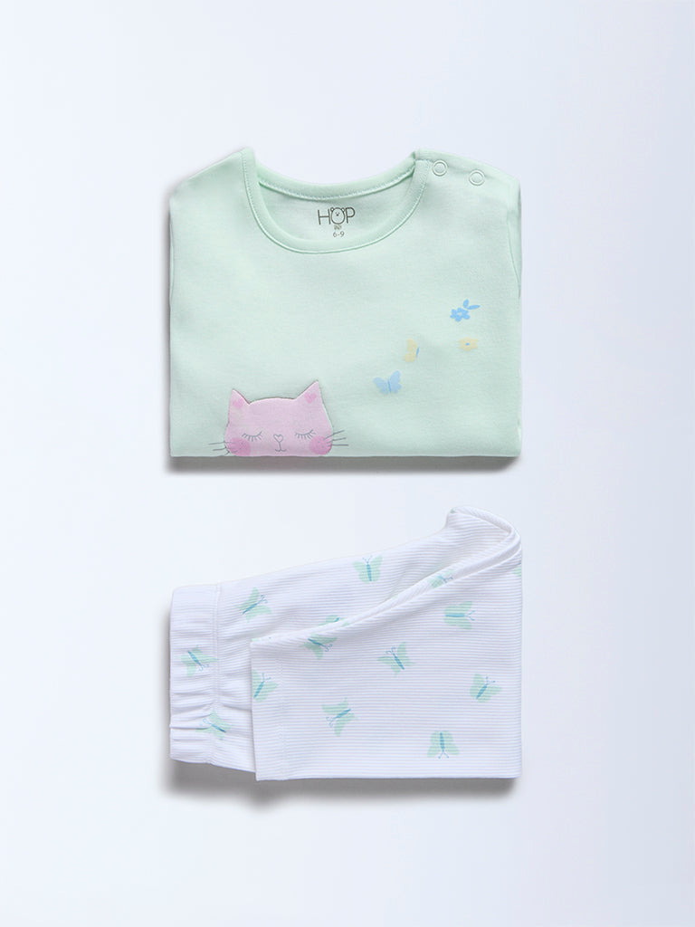 HOP Baby Girls Mint Cat Design Cotton T-Shirt and Pants Set - Exclusive