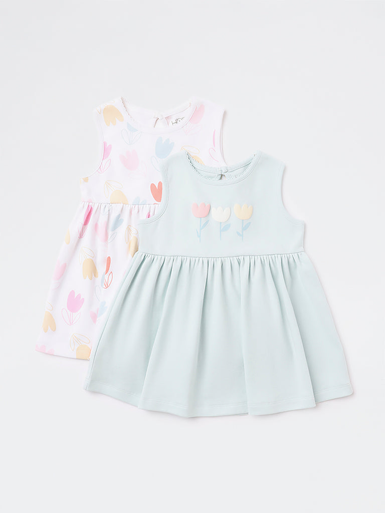 HOP Baby Girls Multicolour Floral Design Cotton A-Line Dresses - Pack of 2