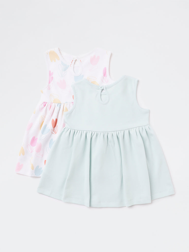 HOP Baby Girls Multicolour Floral Design Cotton A-Line Dresses - Pack of 2