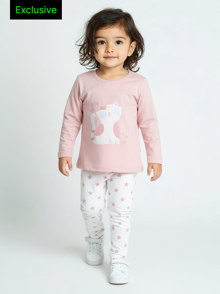 HOP Baby Girls Dusty Pink Cat Printed Cotton T-Shirt and Pants Set - Exclusive