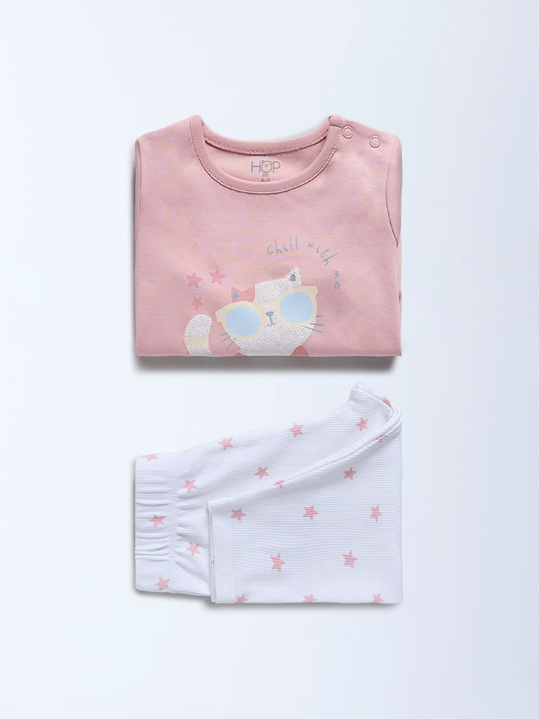 HOP Baby Girls Dusty Pink Cat Printed Cotton T-Shirt and Pants Set - Exclusive