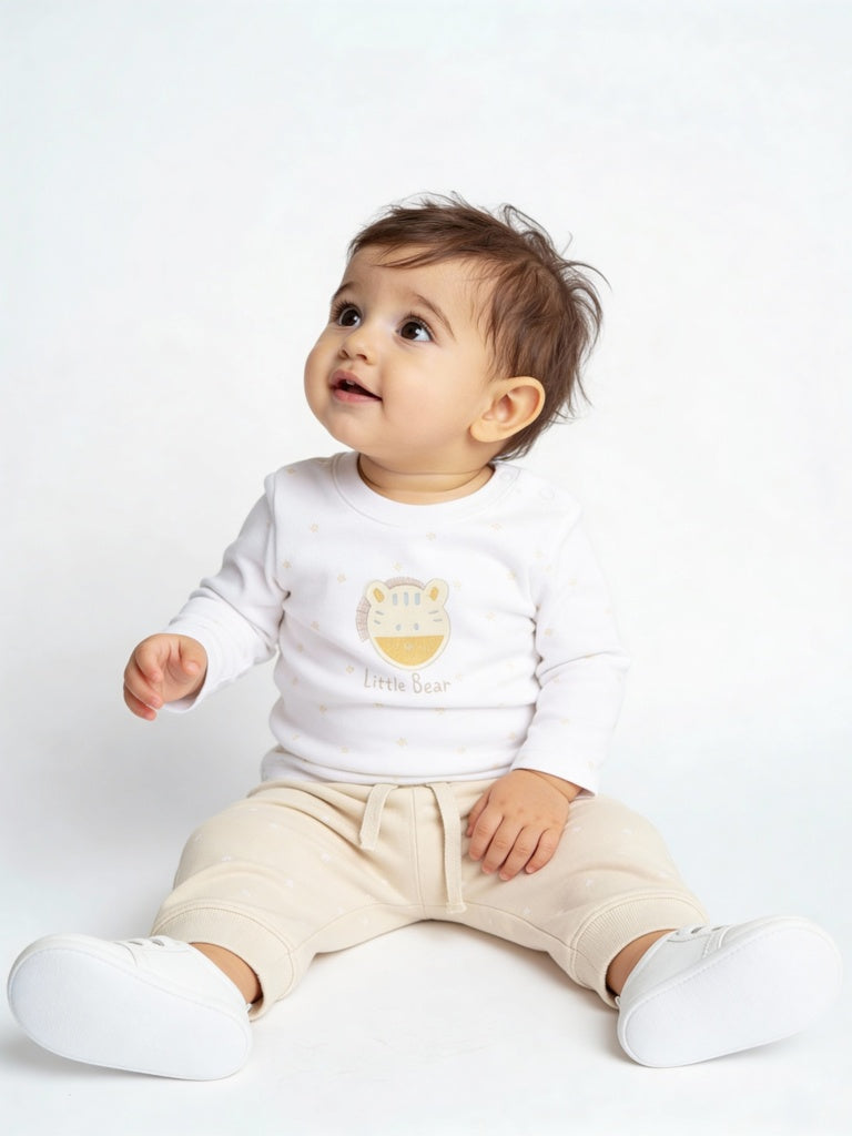 HOP Baby Boys White Printed Cotton T-Shirt and Joggers Set