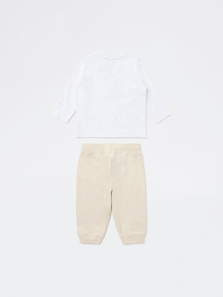 HOP Baby Boys White Printed Cotton T-Shirt and Joggers Set