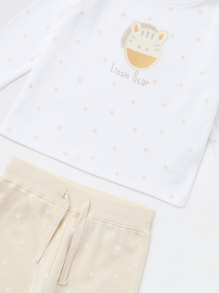 HOP Baby Boys White Printed Cotton T-Shirt and Joggers Set