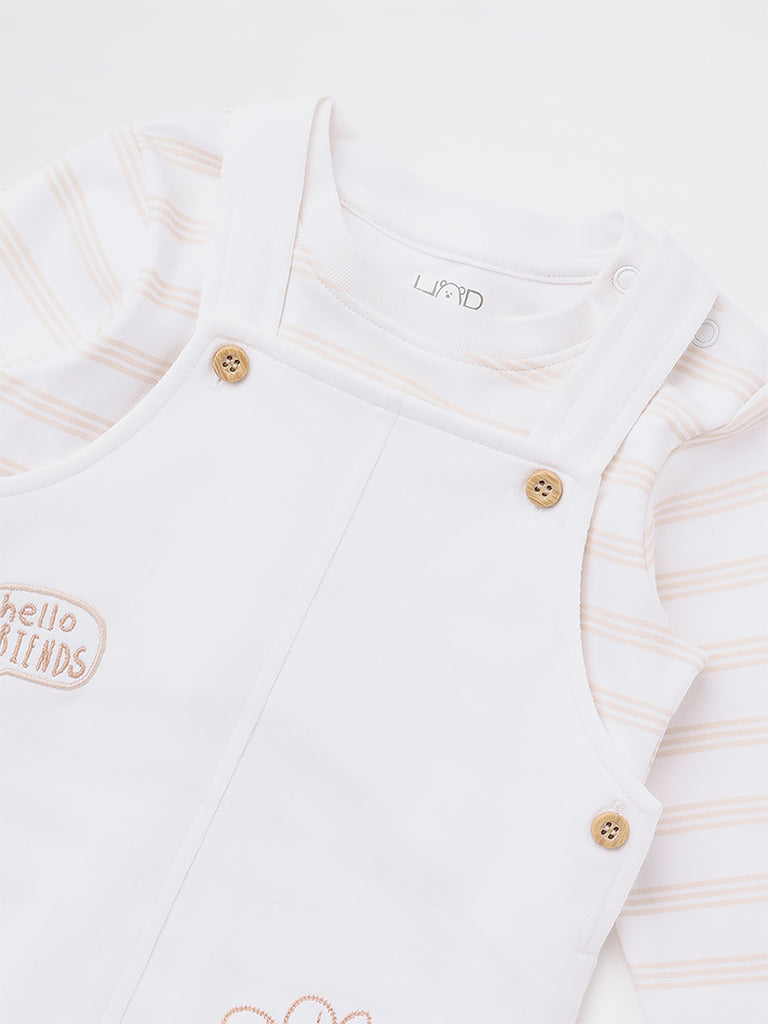 HOP Baby Girls White Embroidered Cotton Dungaree with Striped T-Shirt Set