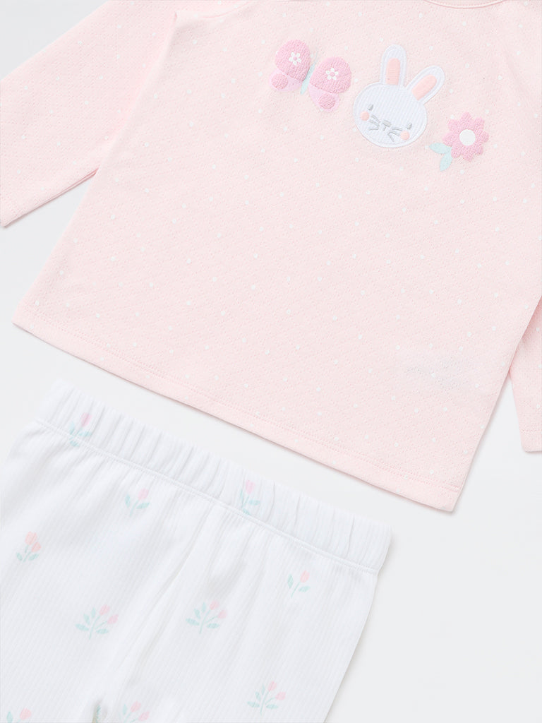 HOP Baby Girls Pink Printed Cotton T-Shirt and Pants Set