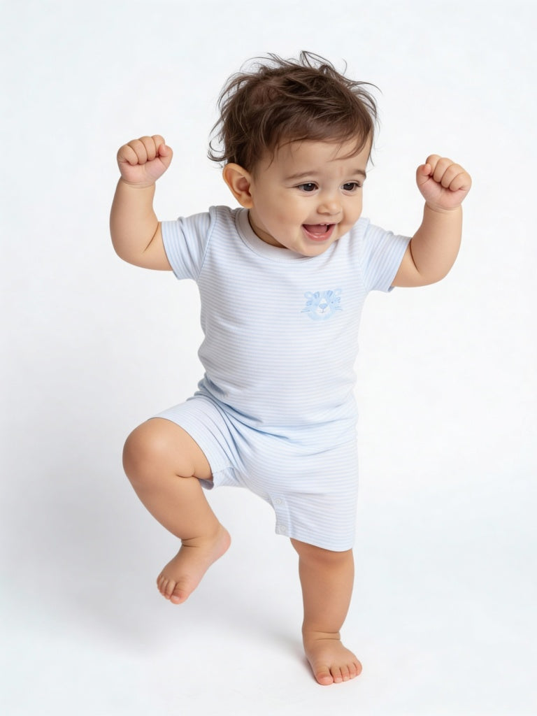 HOP Baby Boys Blue Animal Design Cotton Rompers - Pack of 3