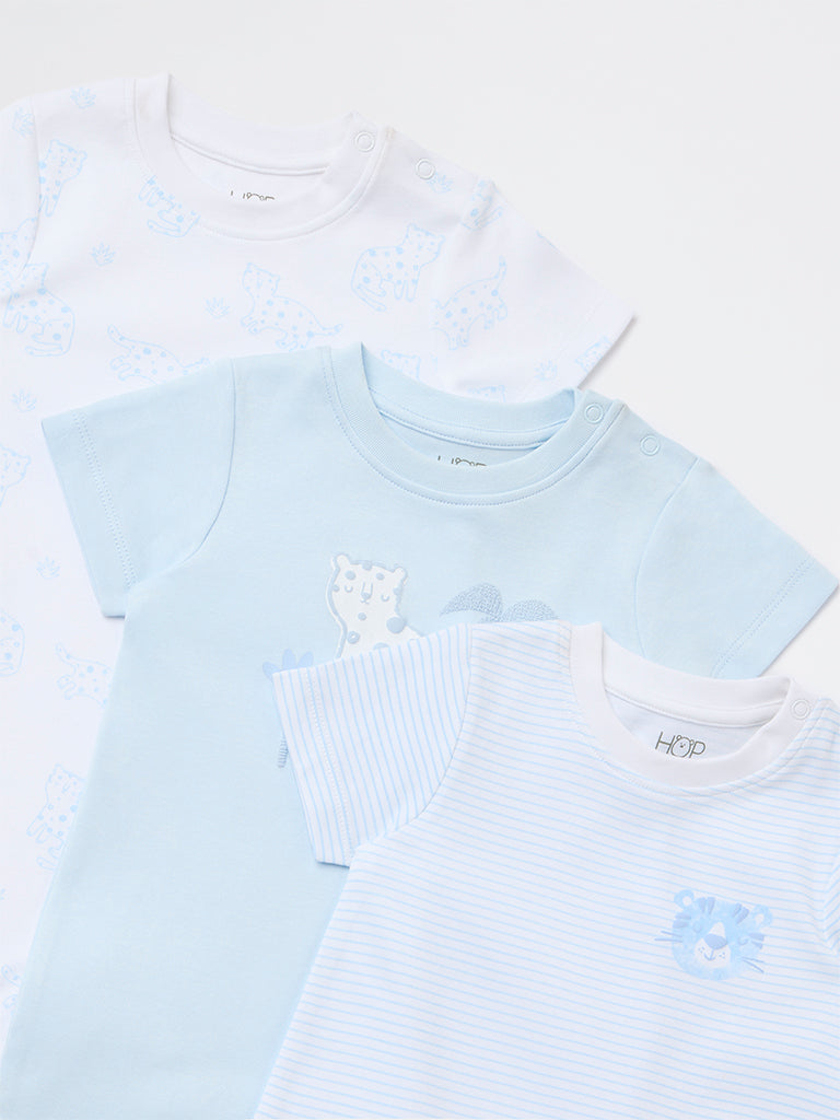 HOP Baby Boys Blue Animal Design Cotton Rompers - Pack of 3