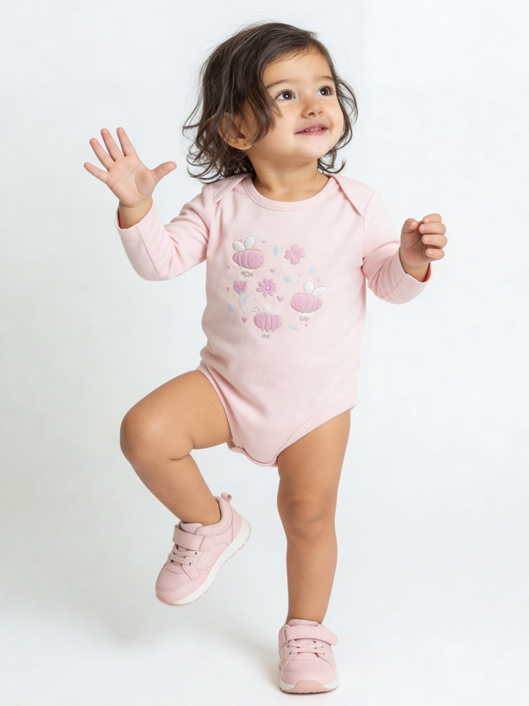 HOP Baby Girls Light Pink Bee Printed Cotton Romper and Bib Set
