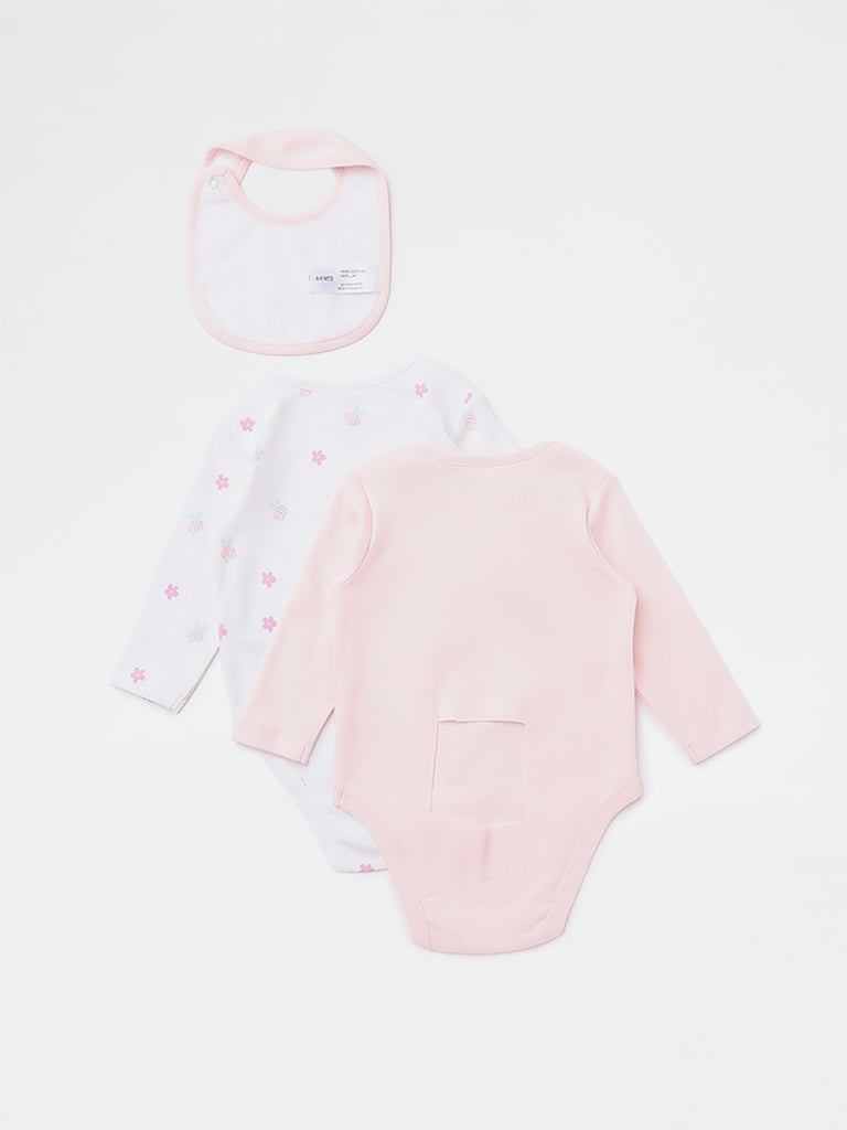HOP Baby Girls Light Pink Bee Printed Cotton Romper and Bib Set