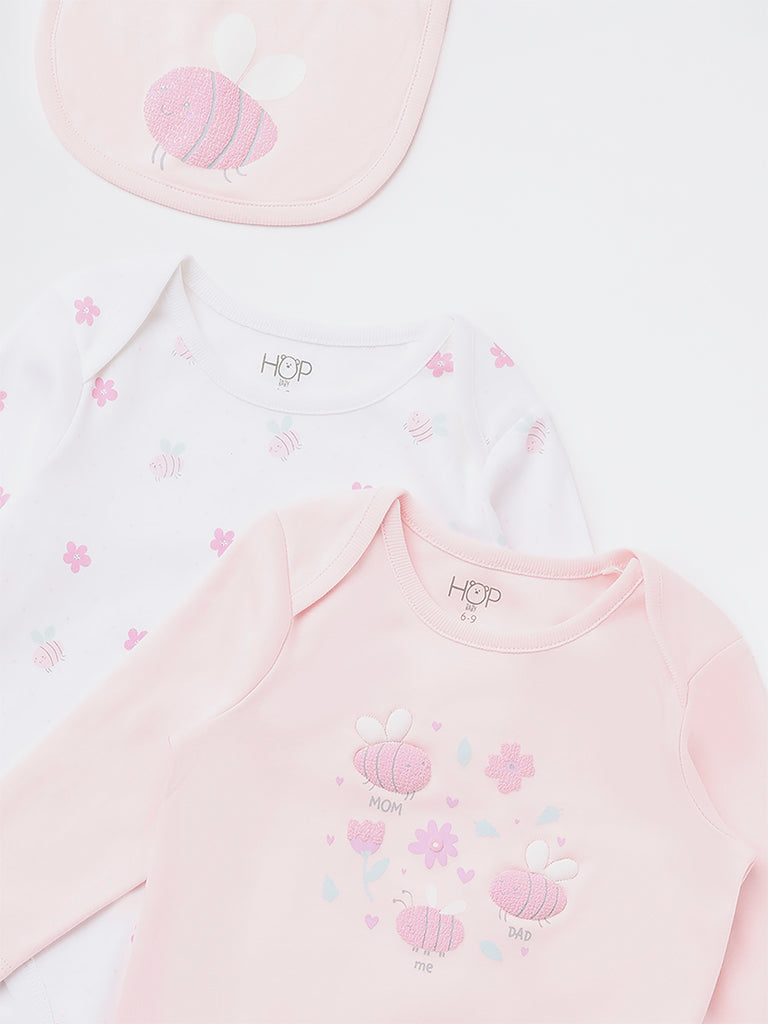 HOP Baby Girls Light Pink Bee Printed Cotton Romper and Bib Set