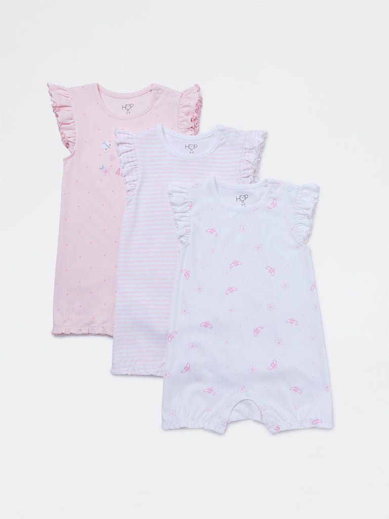 HOP Baby Girls Pink Printed Cotton Rompers - Pack of 3