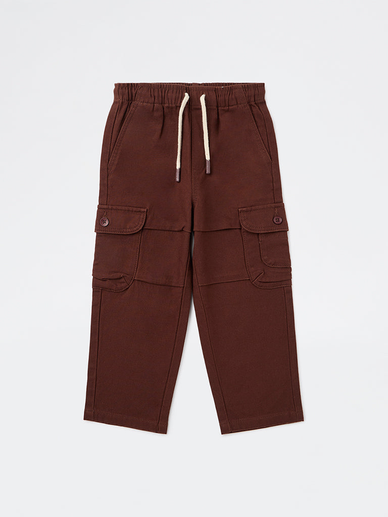 HOP Kids Boys Dark Brown Textured Mid-Rise Cotton-Blend Pants