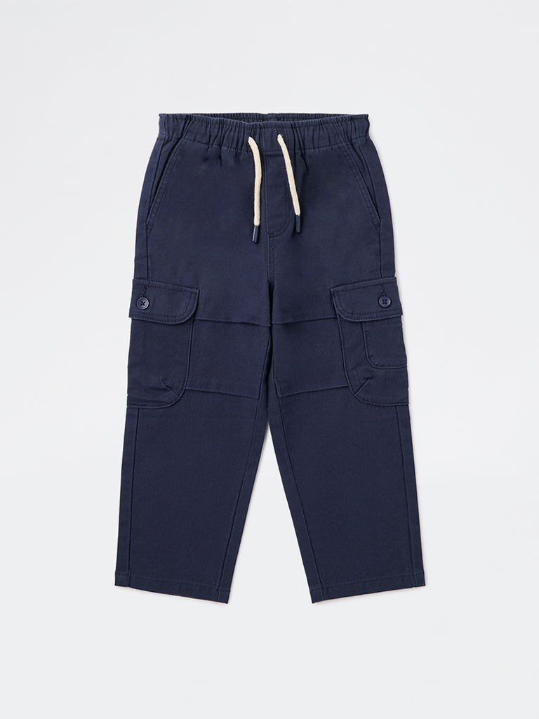 HOP Kids Boys Navy Textured Mid-Rise Cotton-Blend Cargo Pants