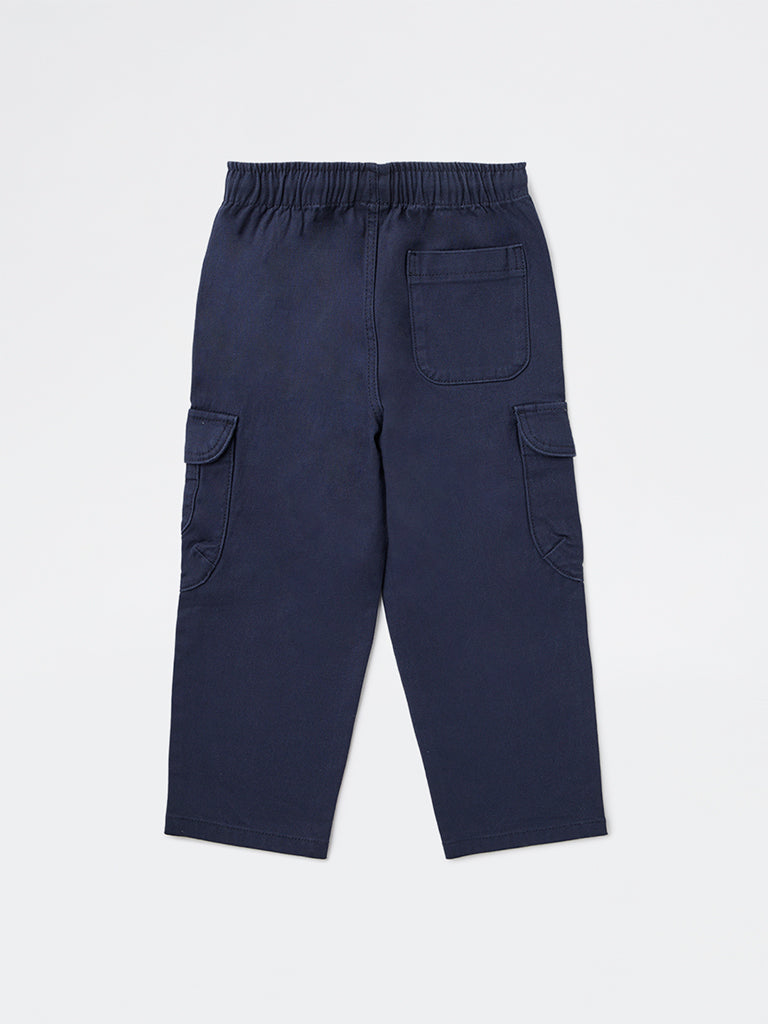 HOP Kids Boys Navy Textured Mid-Rise Cotton-Blend Cargo Pants