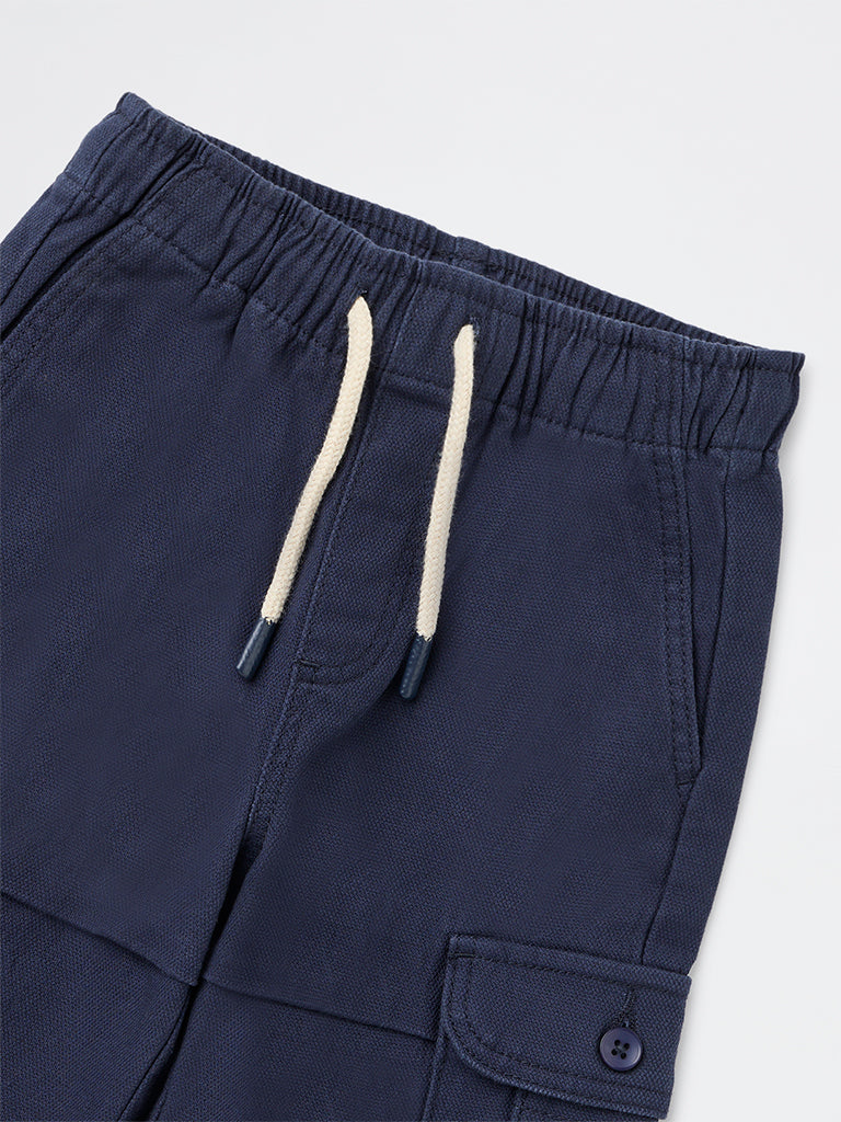 HOP Kids Boys Navy Textured Mid-Rise Cotton-Blend Cargo Pants