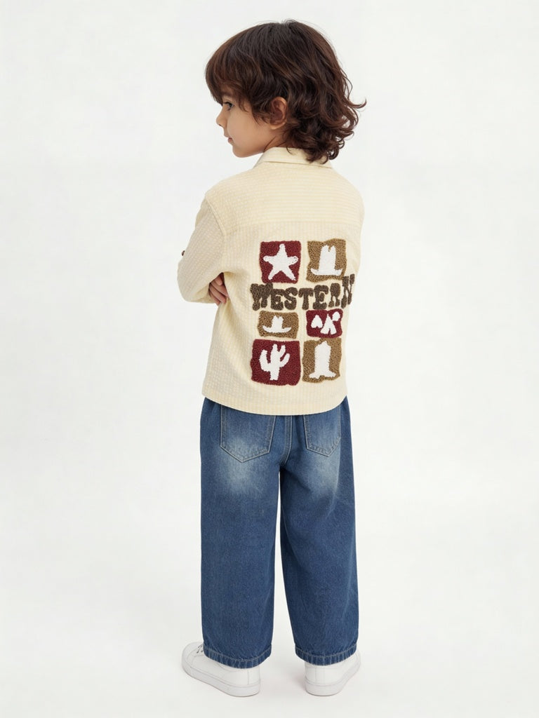 HOP Kids Boys Light Yellow Striped Textured Cotton Shirt