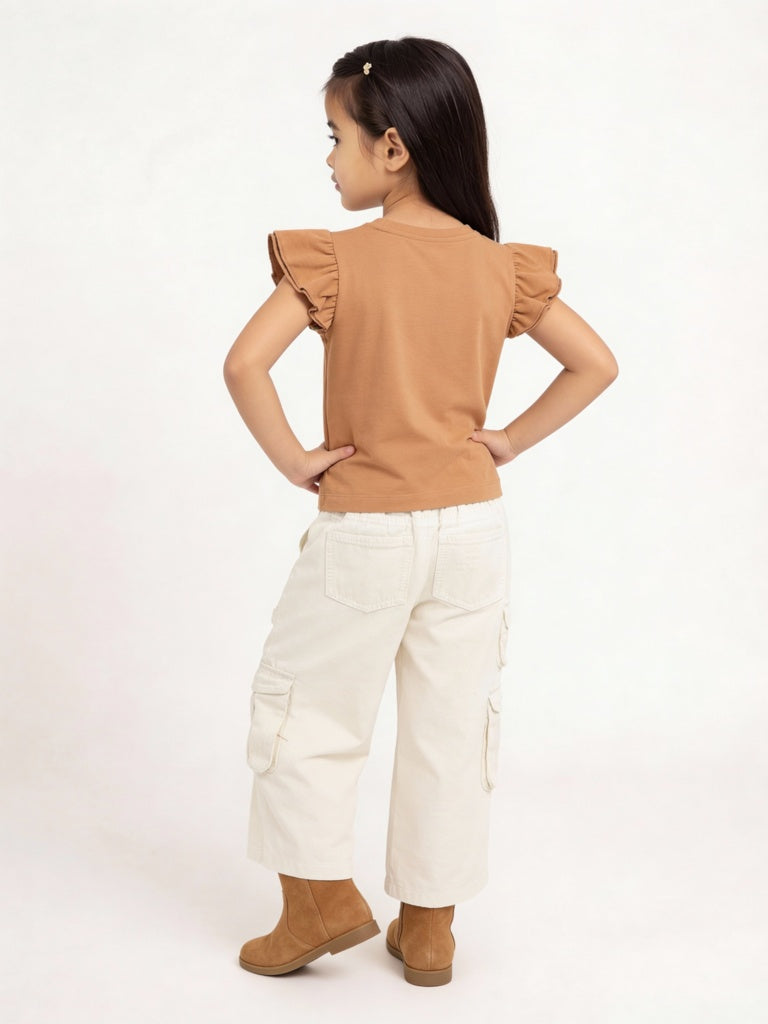 HOP Kids Girls Light Brown Embellished Cotton T-Shirt