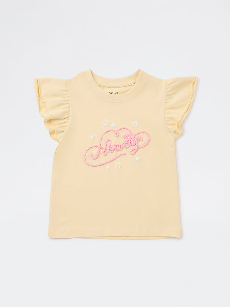 HOP Kids Girls Light Yellow Embroidered Cotton Top