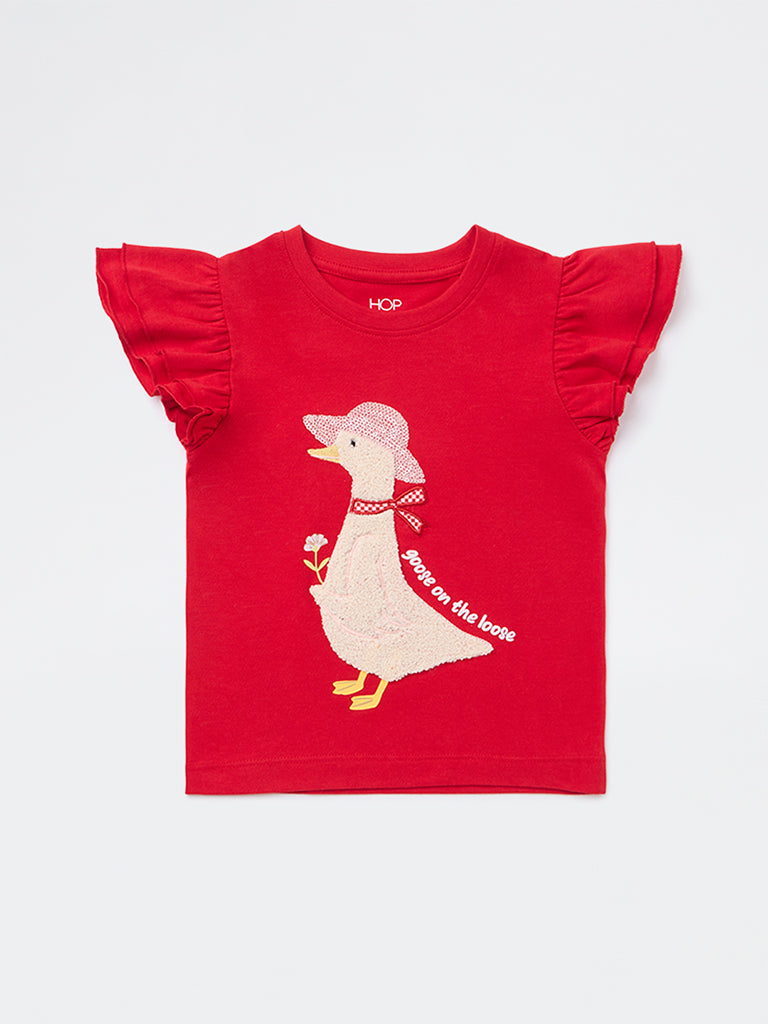 HOP Kids Girls Red Embroidered Cotton Top