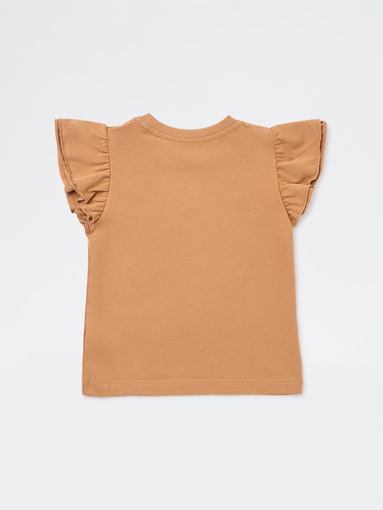 HOP Kids Girls Light Brown Embellished Cotton T-Shirt