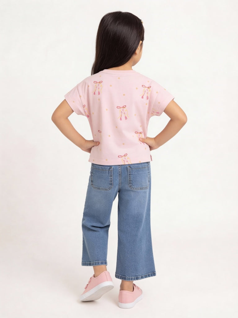 HOP Kids Girls Light Pink Text Embroidered Cotton T-Shirt