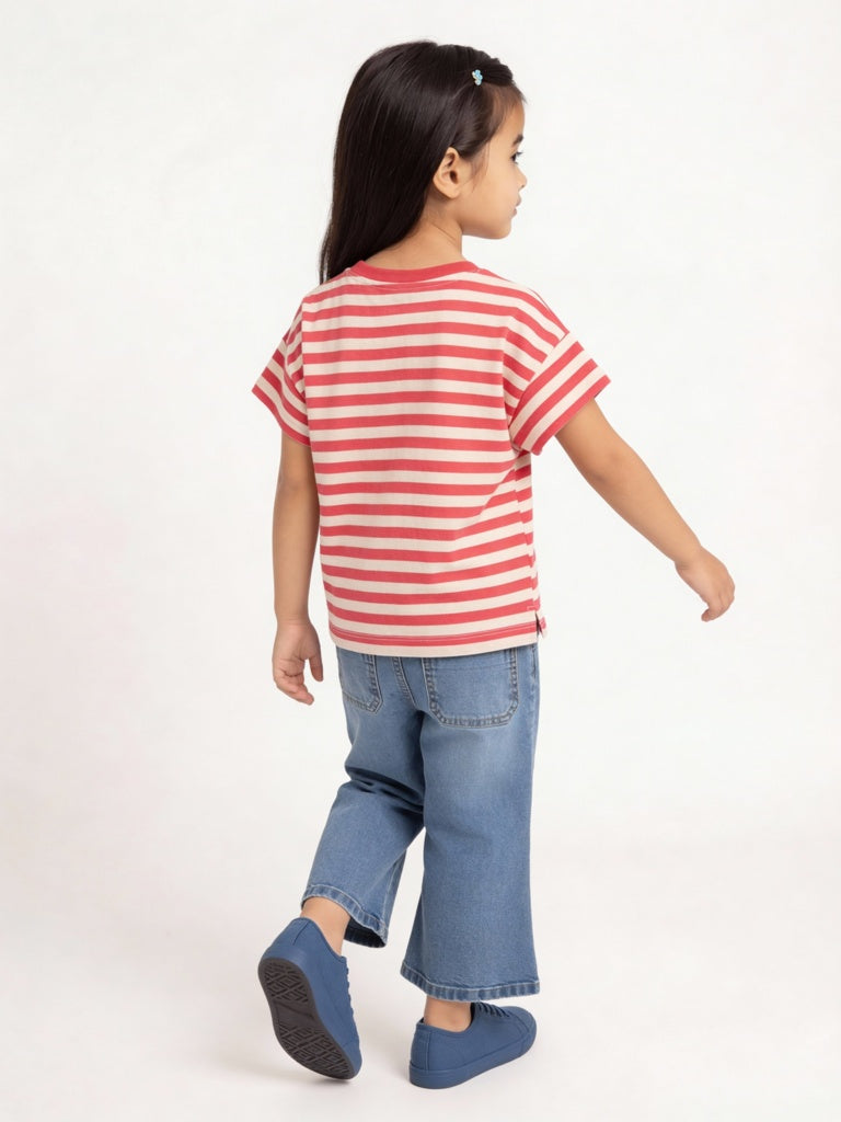 HOP Kids Girls Red Stripe Printed Cotton T-Shirt