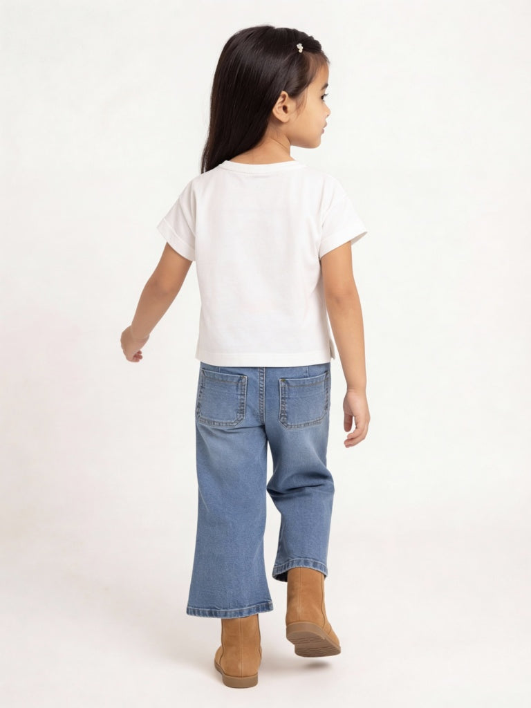 HOP Kids Girls Off-White Printed Cotton T-Shirt