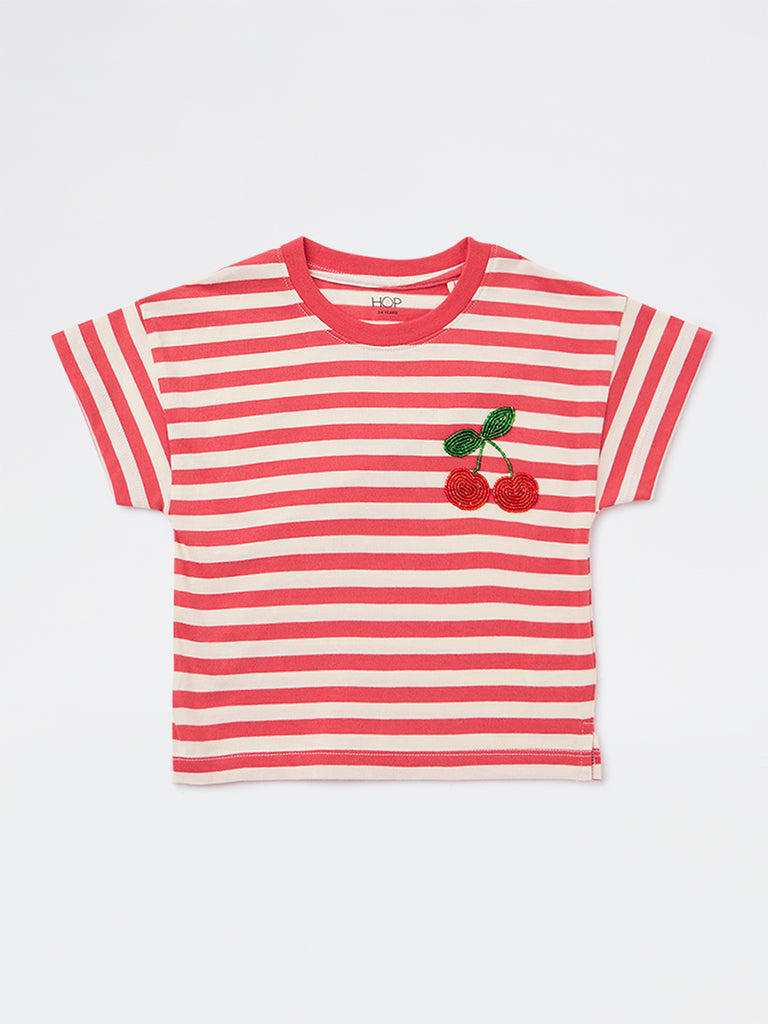 HOP Kids Girls Red Stripe Printed Cotton T-Shirt