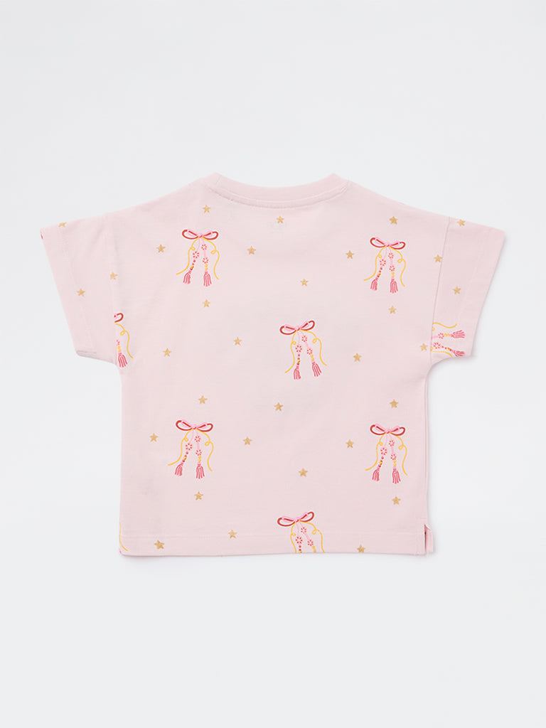 HOP Kids Girls Light Pink Text Embroidered Cotton T-Shirt