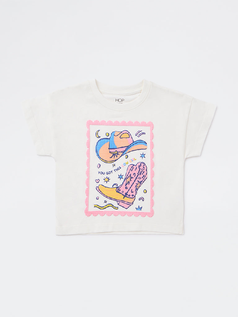 HOP Kids Girls Off-White Printed Cotton T-Shirt