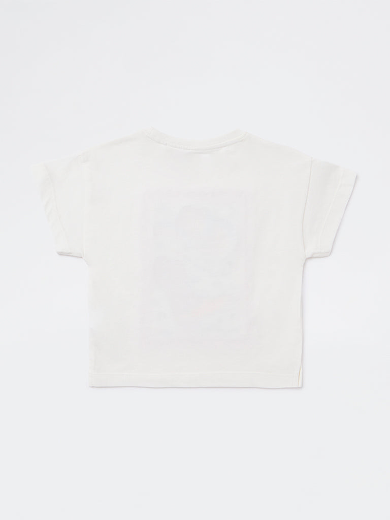 HOP Kids Girls Off-White Printed Cotton T-Shirt
