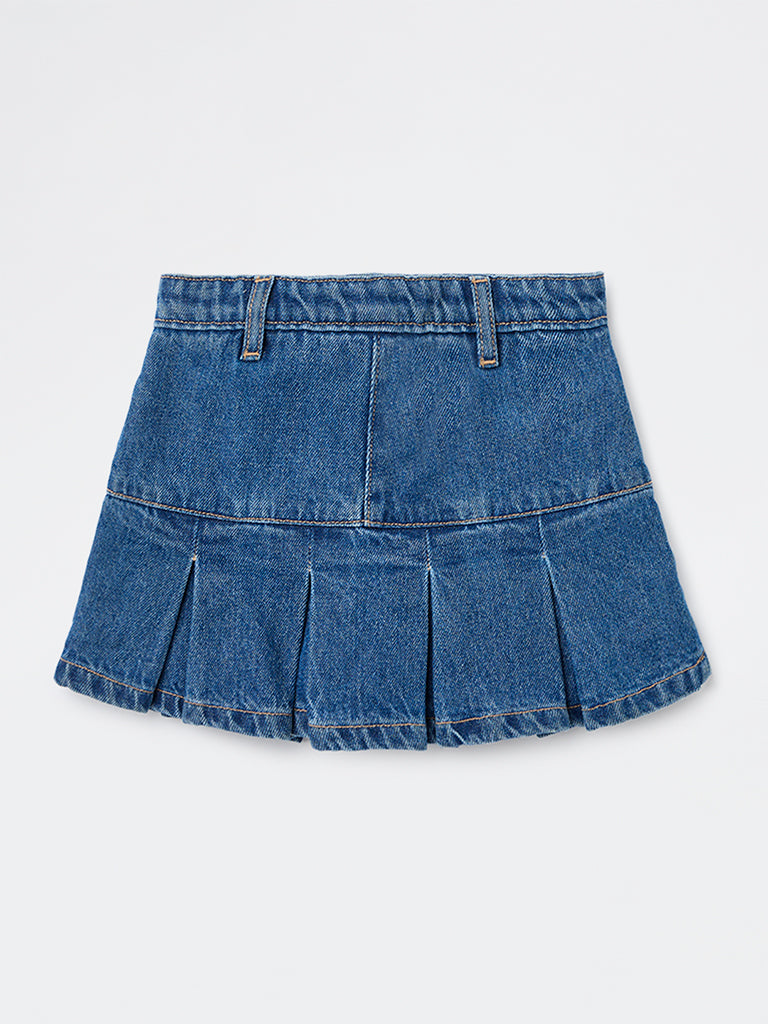 HOP Kids Girls Dark Blue Solid Mid-Rise Denim Skorts
