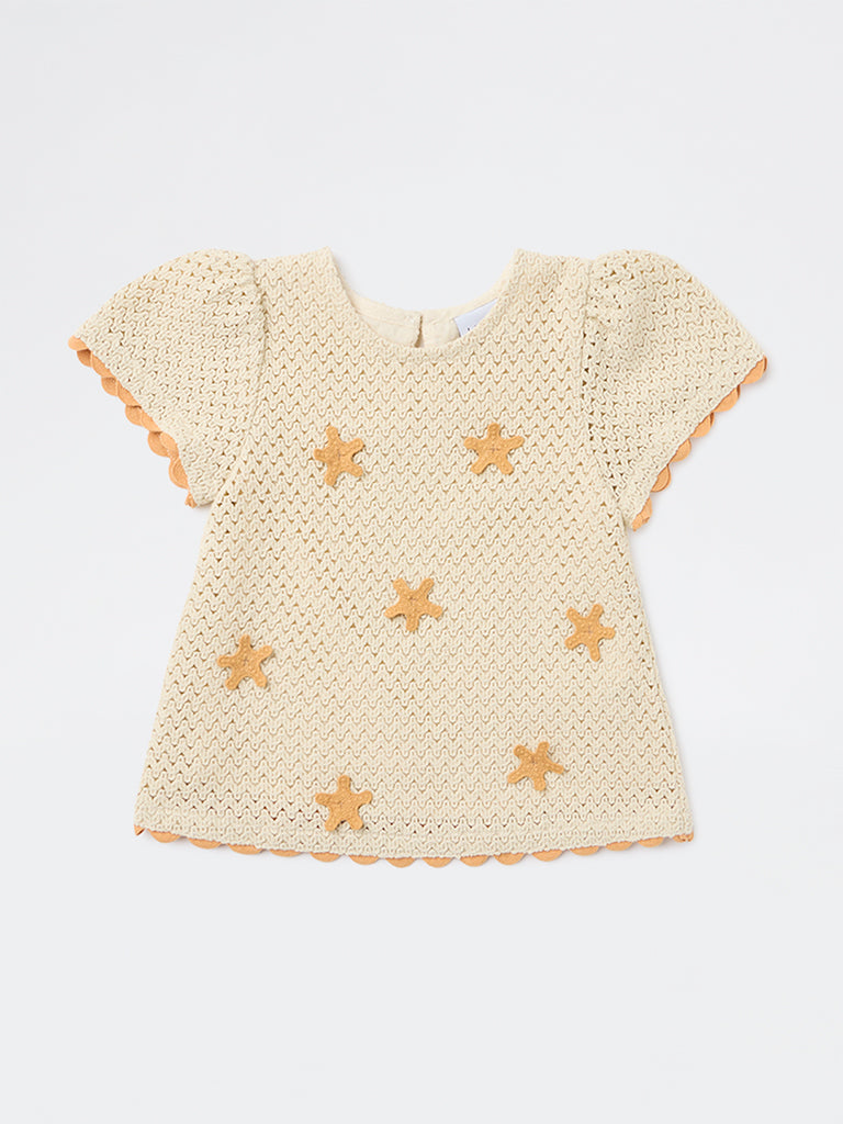 HOP Kids Girls Cream Crochet-Knit Cotton Top