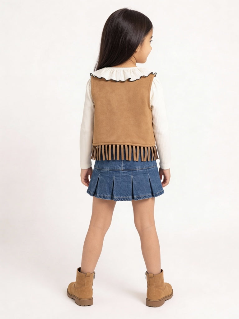 HOP Kids Girls Tan Embroidered Tassel-Detail Suede Top