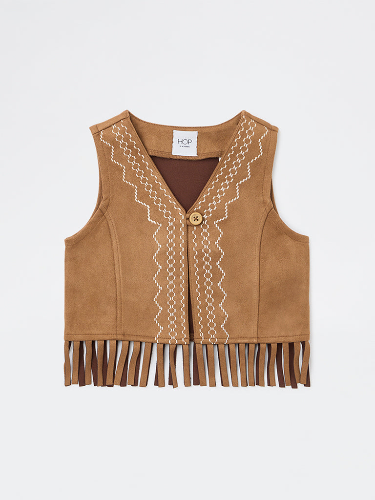 HOP Kids Girls Tan Embroidered Tassel-Detail Suede Top