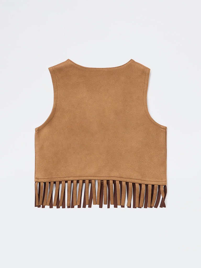 HOP Kids Girls Tan Embroidered Tassel-Detail Suede Top