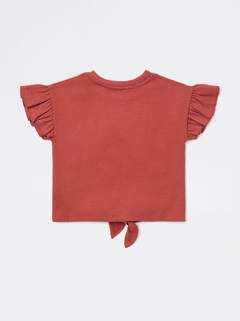 HOP Kids Girls Red Embroidered Cotton Top