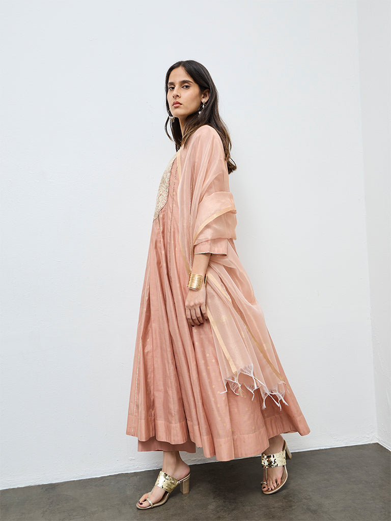 Vark Peach Floral Embroidered A-Line Ethnic Set