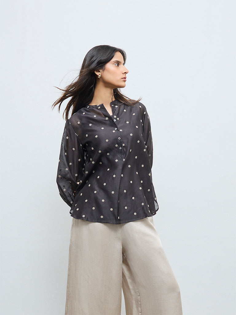 Zuba Charcoal Floral Embroidered Cotton-Blend Tunic with Inner