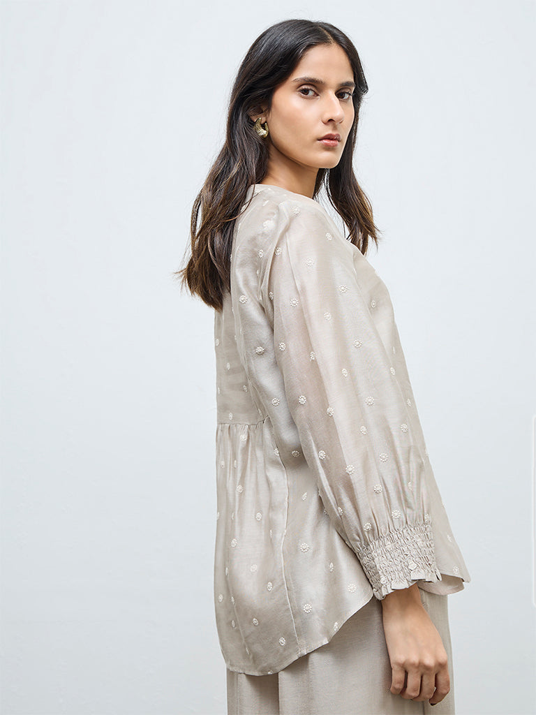 Zuba Beige Floral Embroidered Cotton-Blend Tunic with Inner