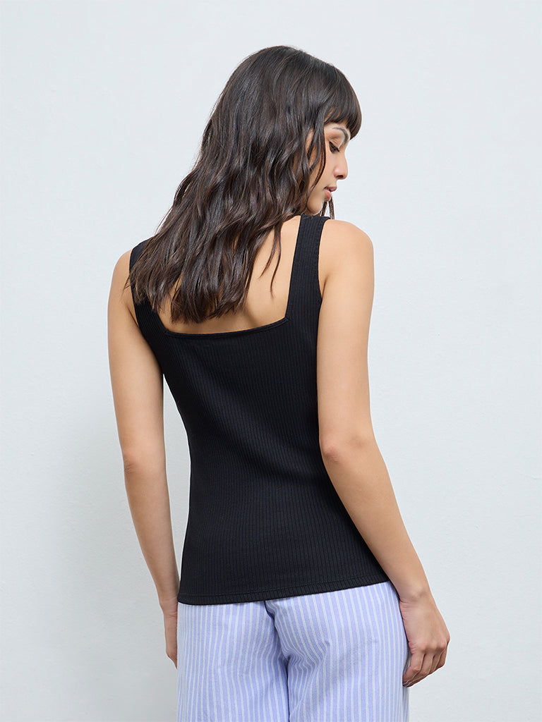 Wunderlove Black Ribbed-Textured Cotton-Blend Tank Top