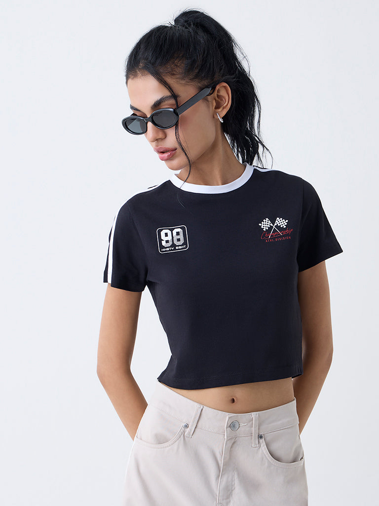 Nuon Black Printed Cotton T-Shirt