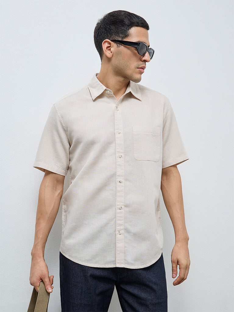 WES Casuals Beige Solid Relaxed-Fit Cotton-Blend Shirt