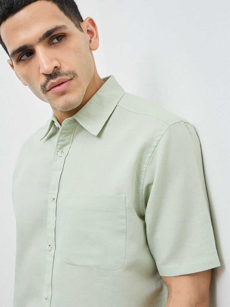 WES Casuals Sage Solid Relaxed-Fit Linen-Blend Shirt