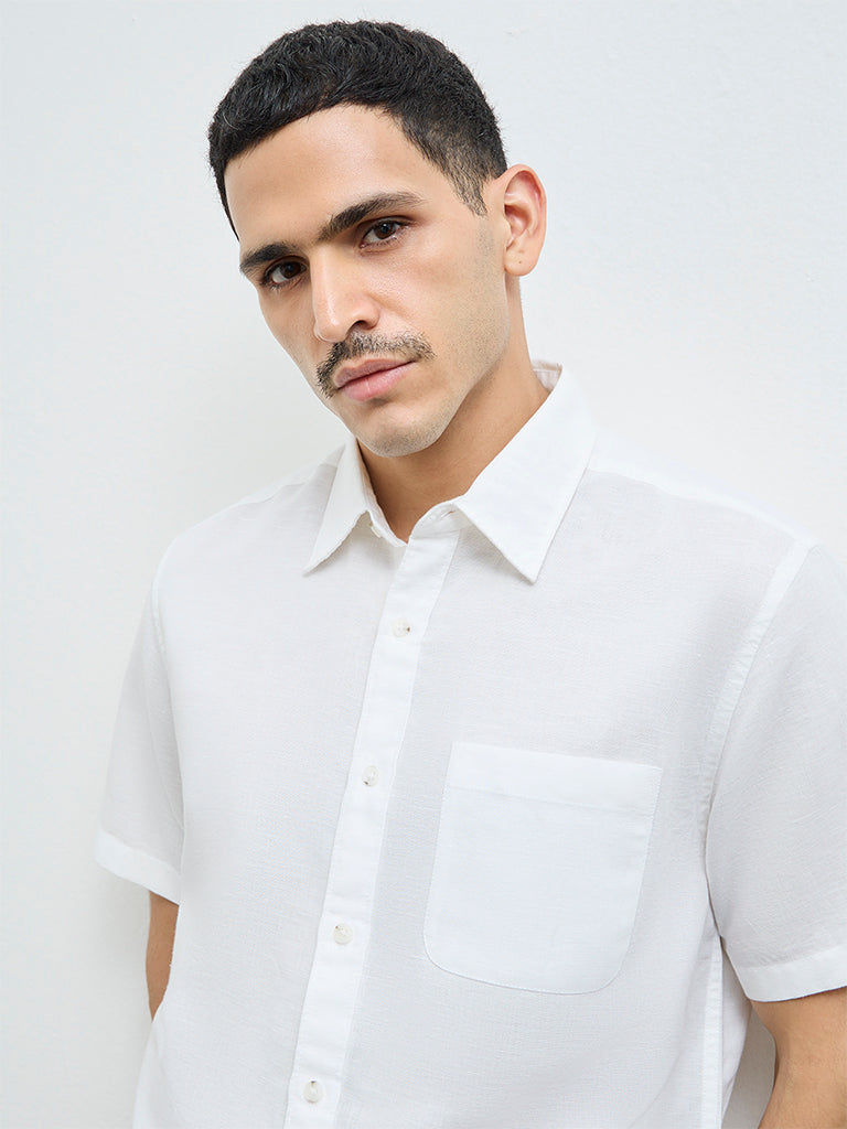 WES Casuals White Solid Relaxed-Fit Linen-Blend Shirt