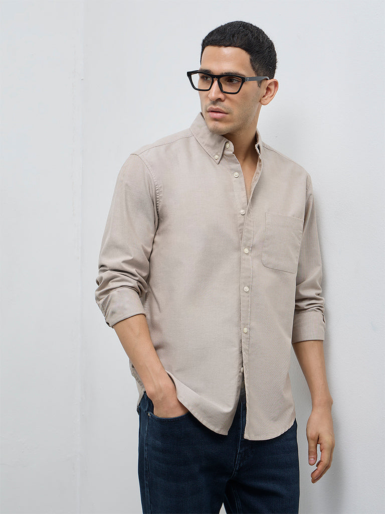 WES Casuals Beige Solid Relaxed-Fit Cotton Shirt