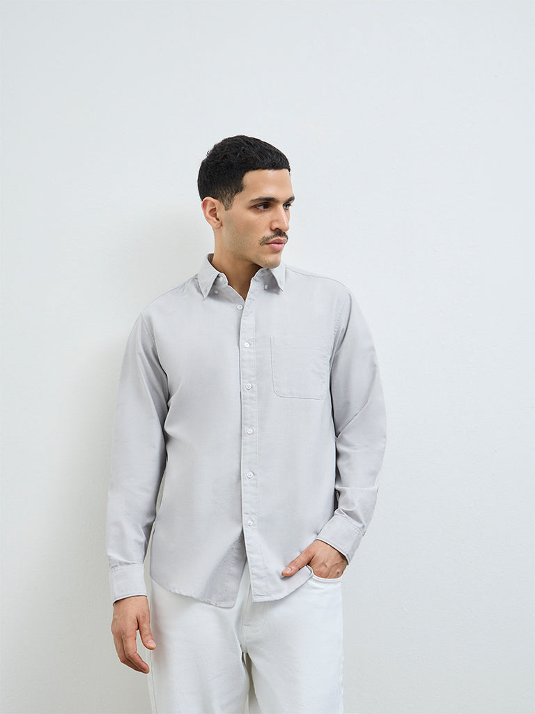 WES Casuals Light Grey Solid Relaxed-Fit Cotton Shirt