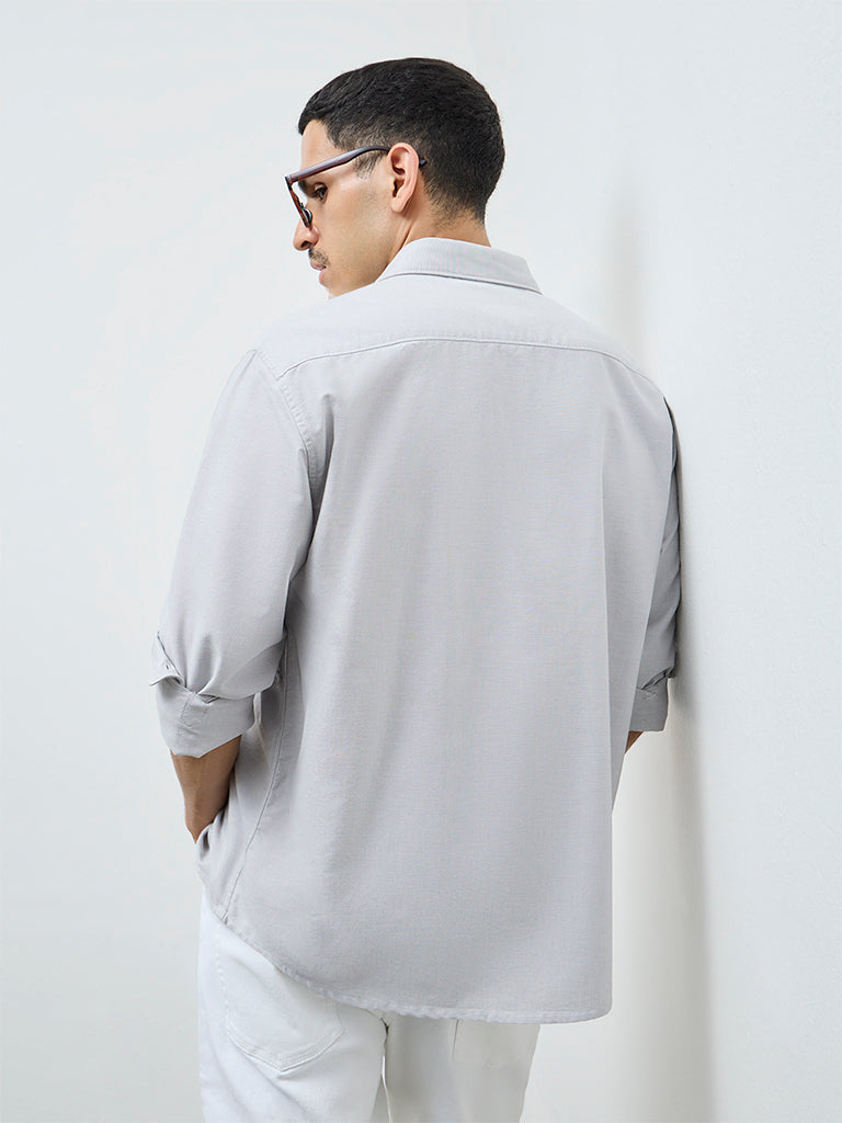 WES Casuals Light Grey Solid Relaxed-Fit Cotton Shirt